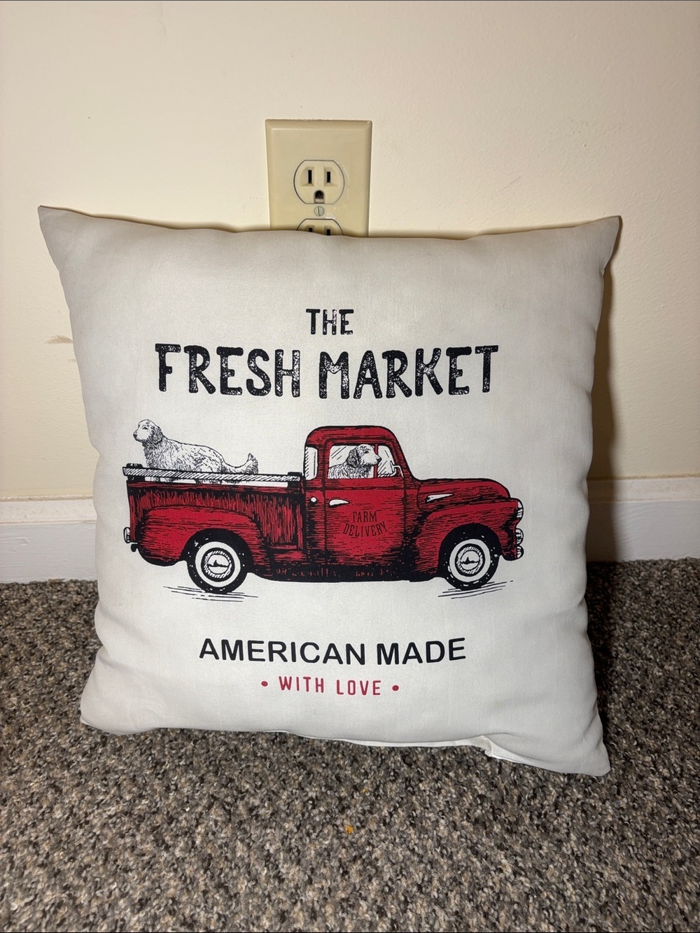 Red Truck Farm Pillow with Black Text